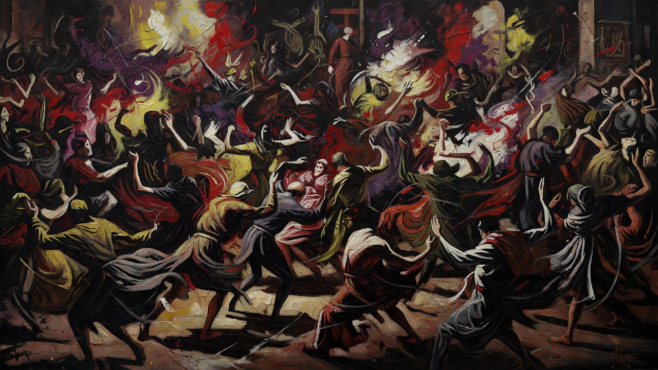 Abstract painting evoking medieval chaotic dancing