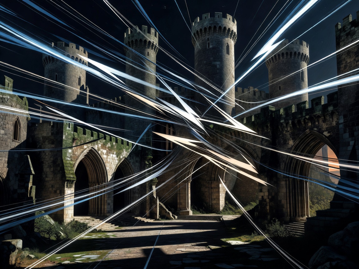 Abstract rendering representing erratic movement and medieval architecture