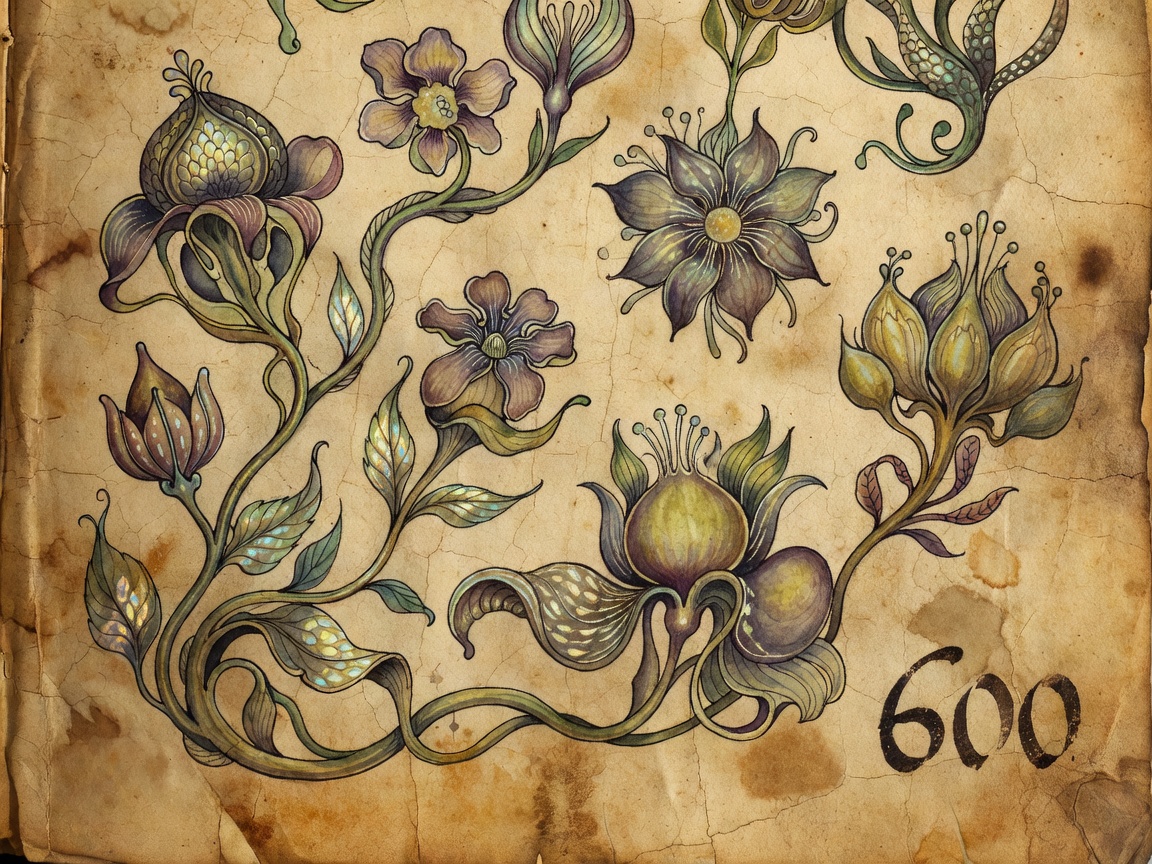 Close up of an old manuscript with bizarre botanical illustrations