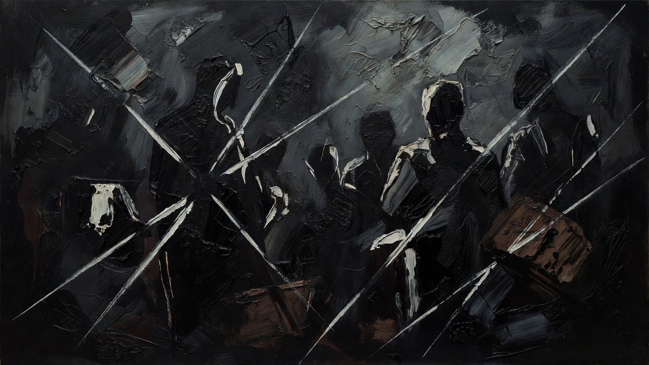 Dark textured abstract painting evoking a grim trial