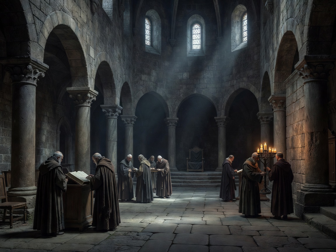 Gloomy ecclesiastical interior representing medieval papal courts