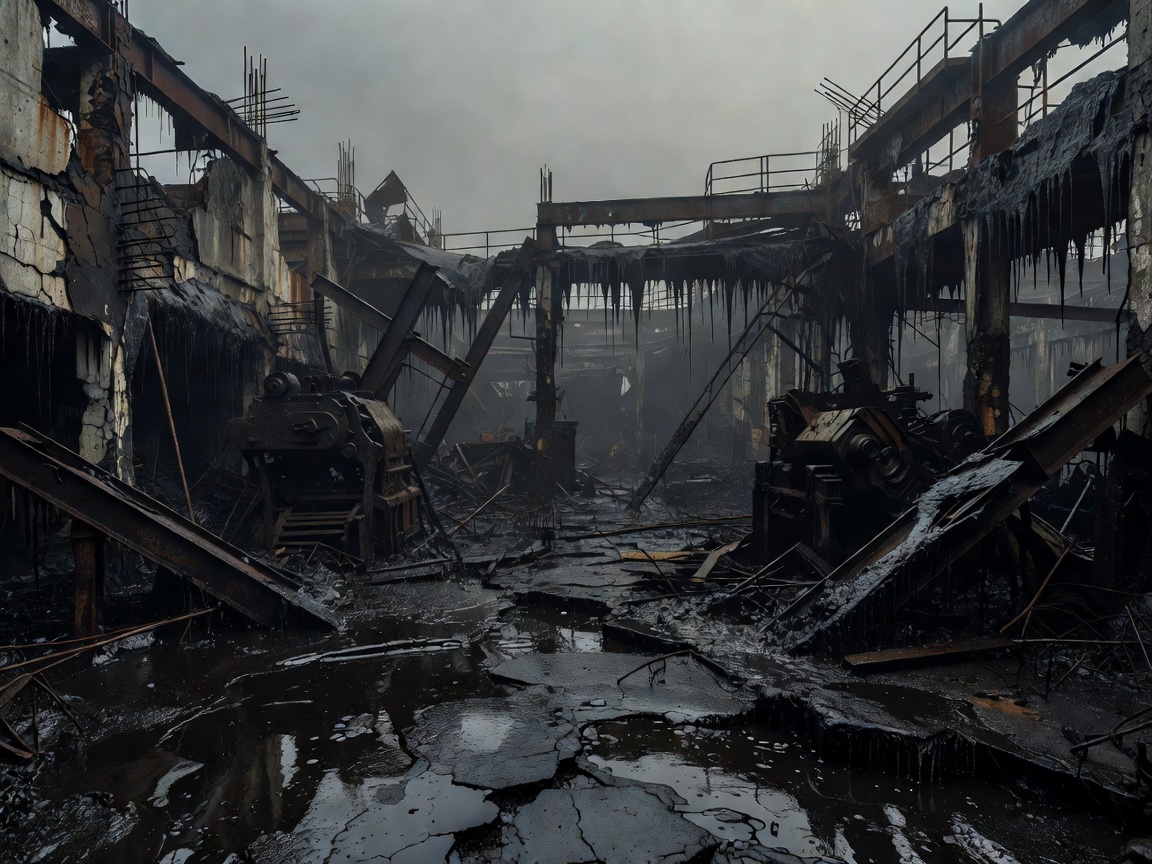 Industrial ruins covered in a dark thick substance